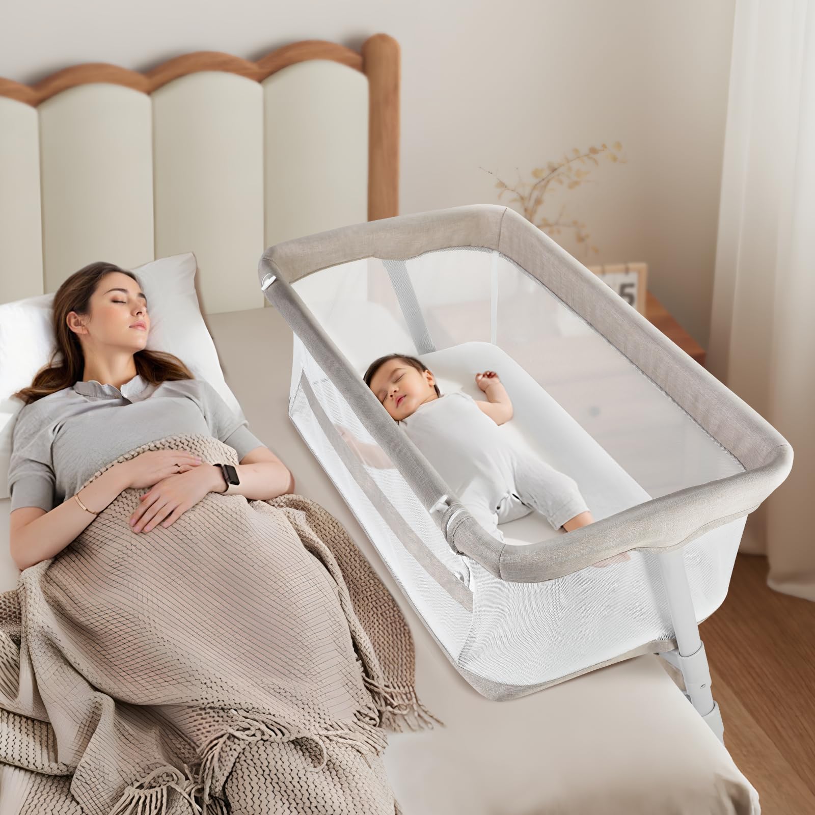 Cowiewie bassinet bedside sleeper with 5-height adjustment for customizable night feeds
