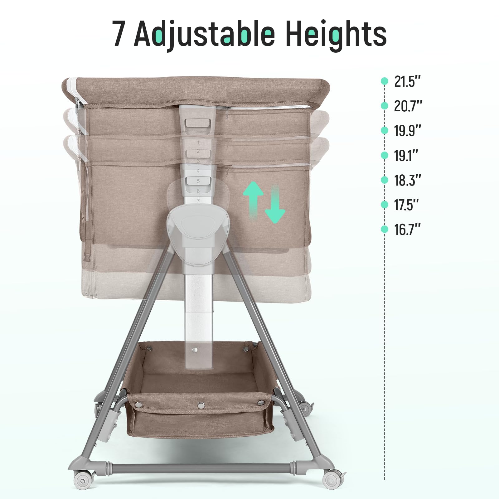 7-height adjustable Cowiewie bassinet matches nearly any bed height.