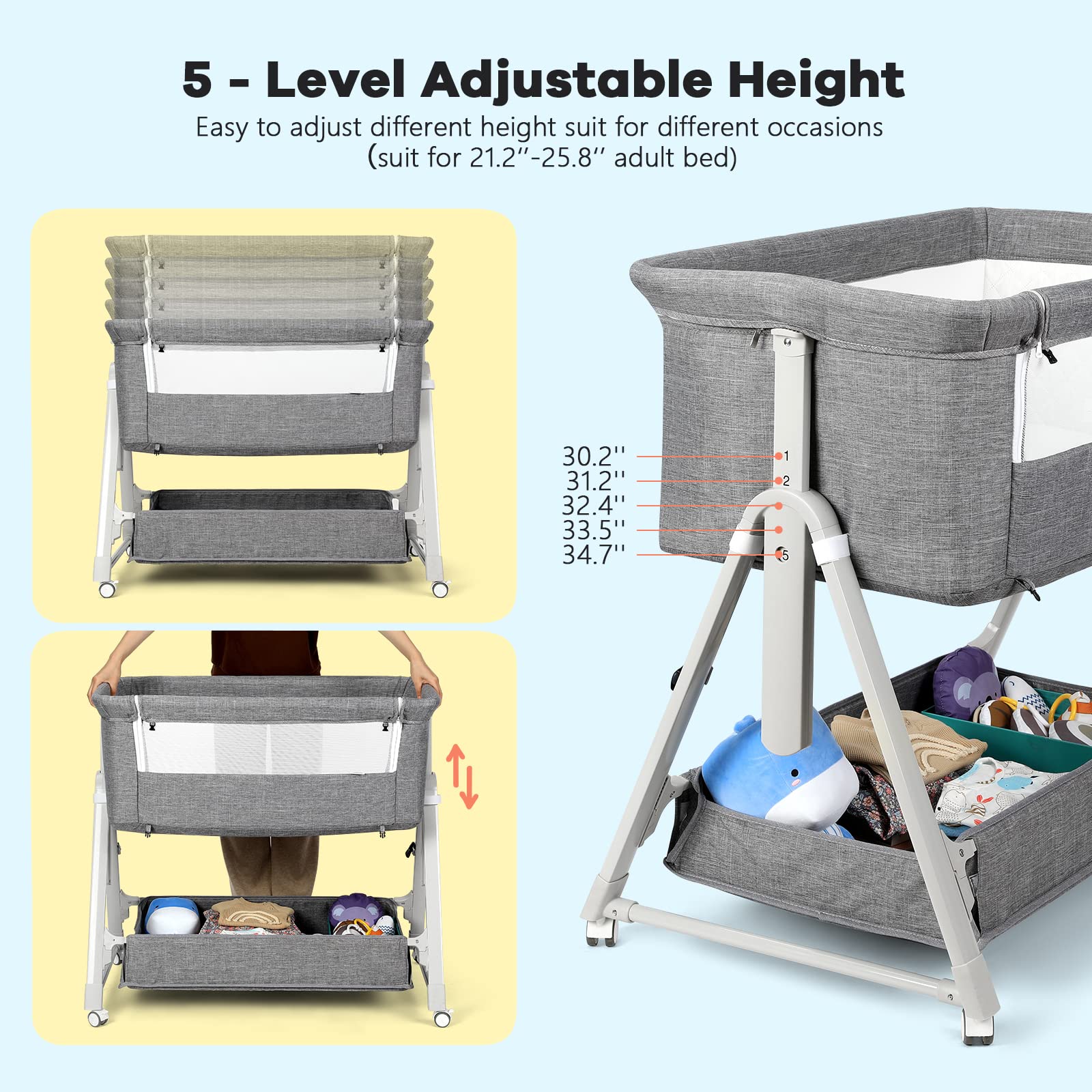 Cowiewie Bassinet Bedside Sleeper angled crib setup for feeding comfort without leaving bed.