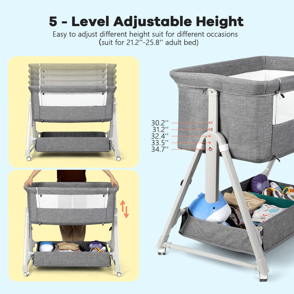 Cowiewie Bassinet Bedside Sleeper angled crib setup for feeding comfort without leaving bed.