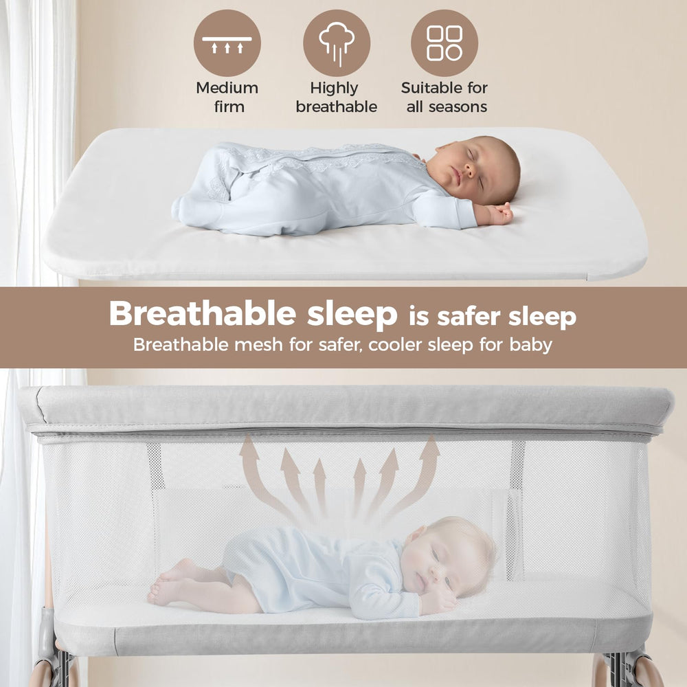 Cowiewie bassinet bedside sleeper with breathable 3D mesh on all four sides.