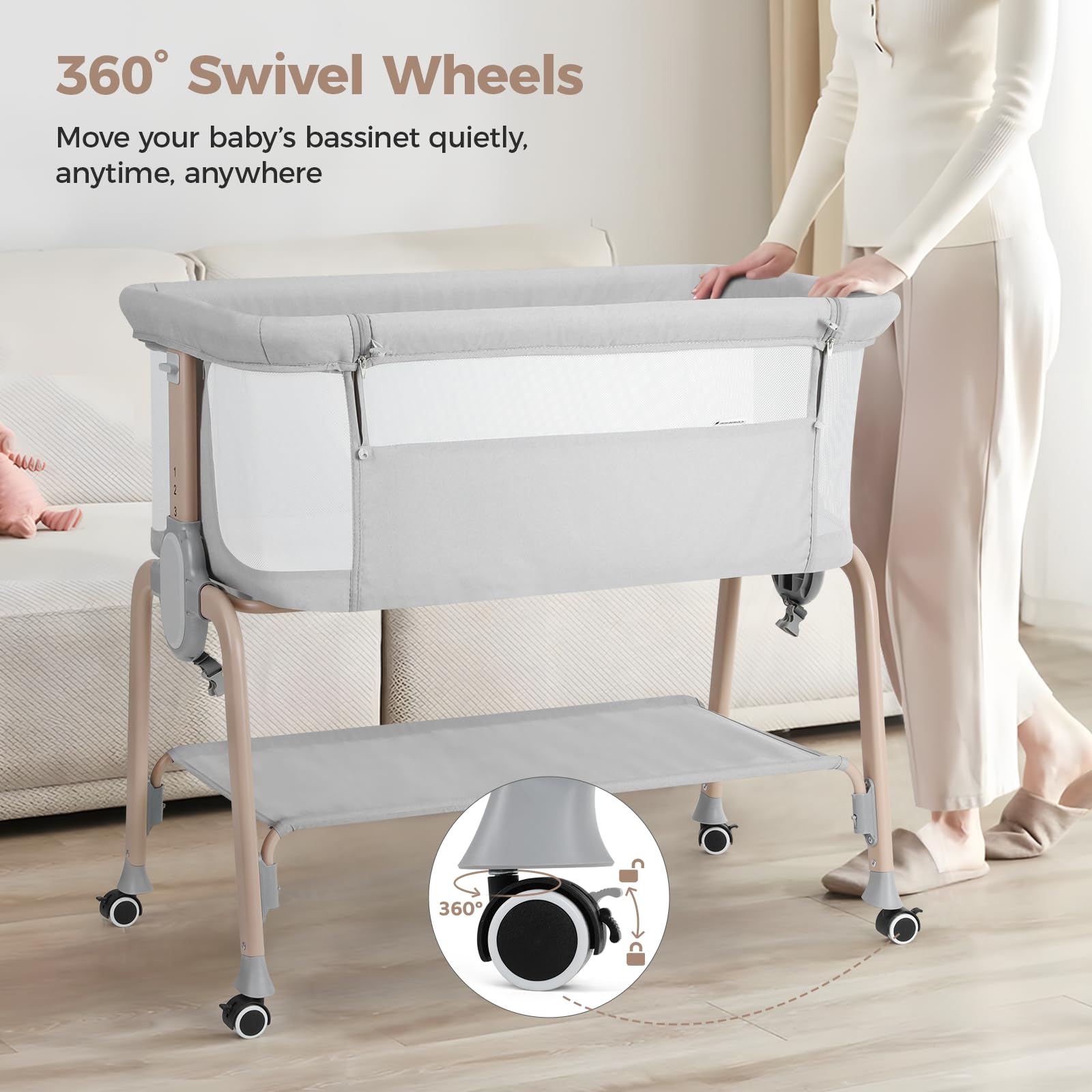 Cowiewie bassinet bedside sleeper displaying adjustable height to match bed height.