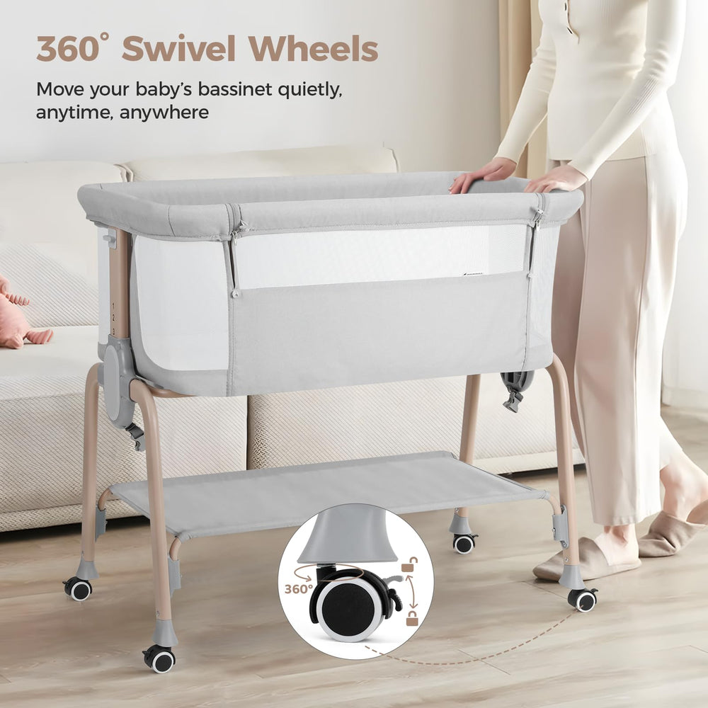 Cowiewie bassinet bedside sleeper displaying adjustable height to match bed height.