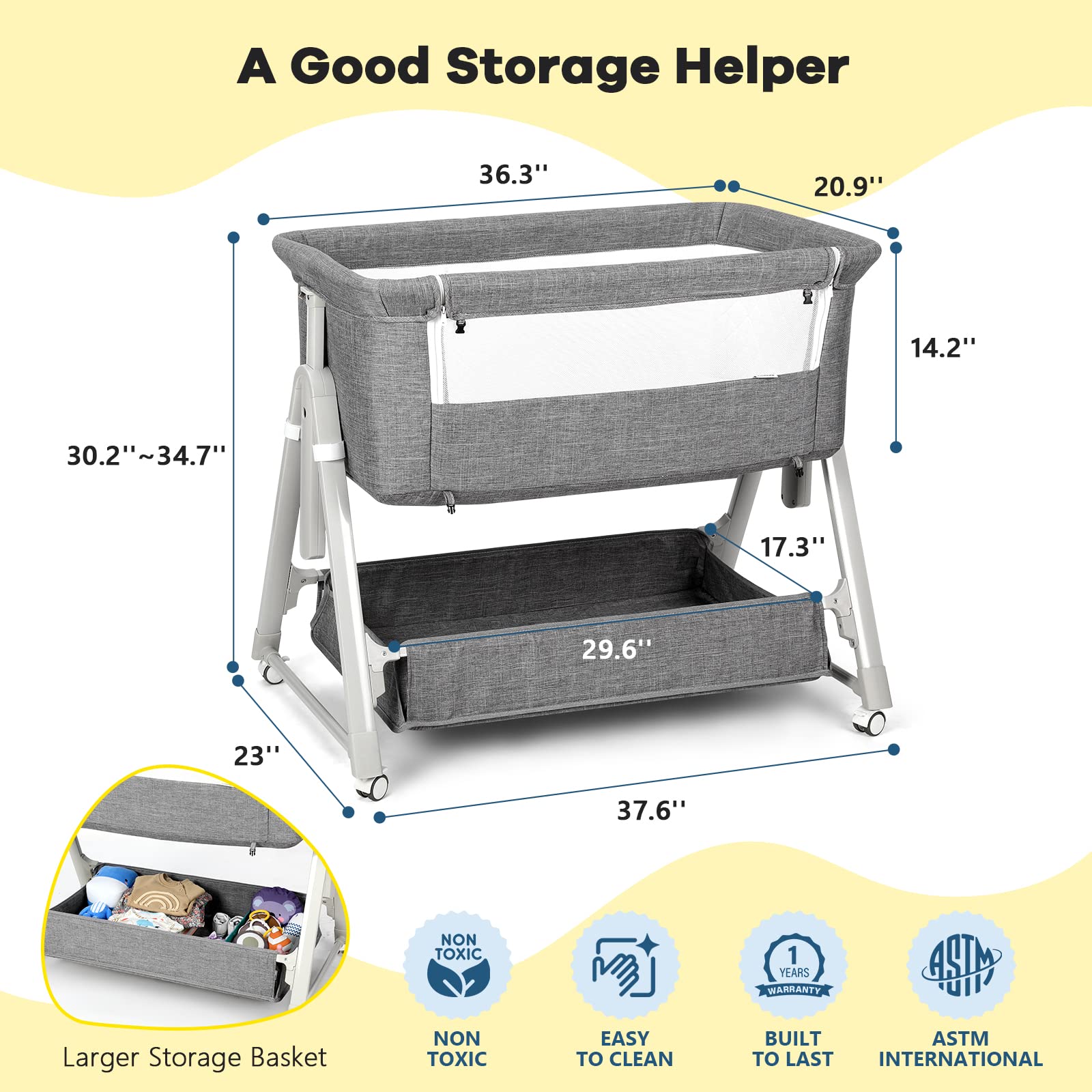 Cowiewie Bassinet Bedside Sleeper 5-level height adjustment aligns with adult mattresses.