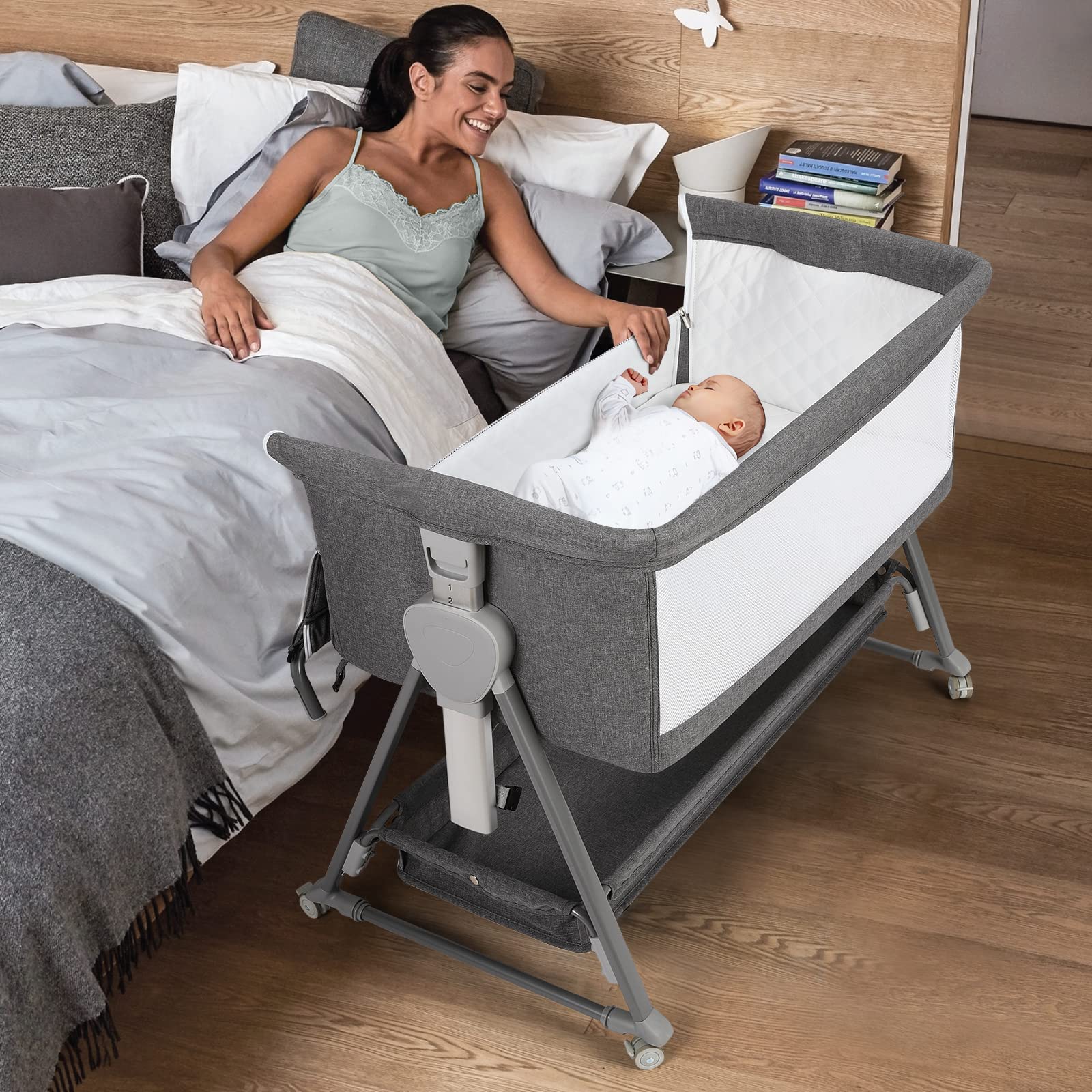 Cowiewie bassinet with pyramid base for stable bedside sleep