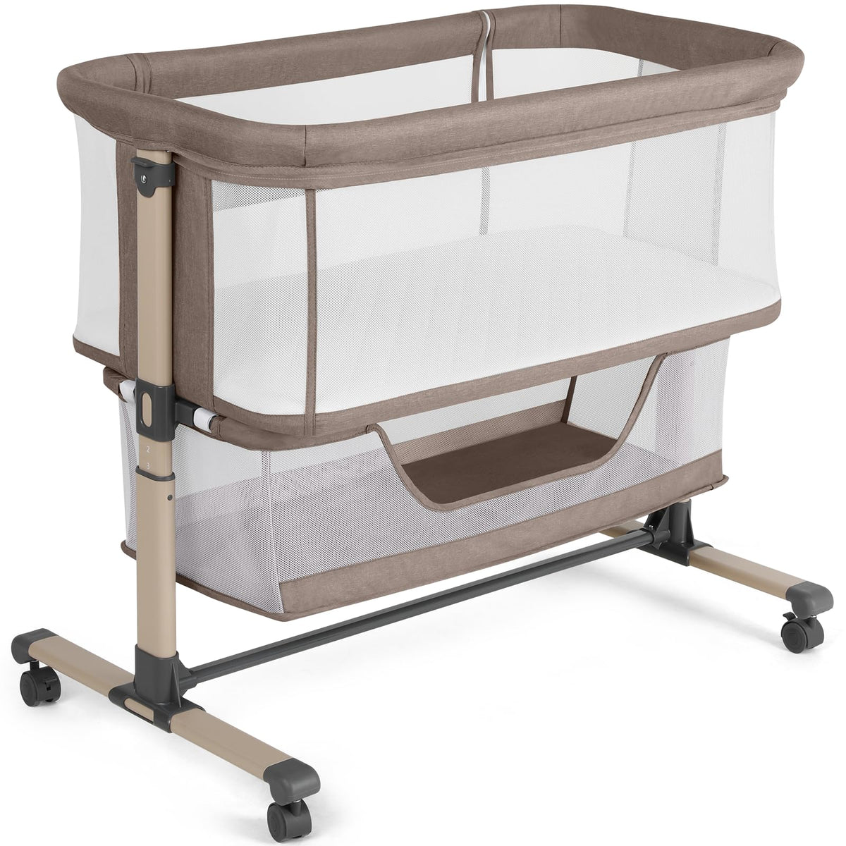 Cowiewie bassinet bedside sleeper setup enables close sleep with mom or dad for convenient nighttime care.