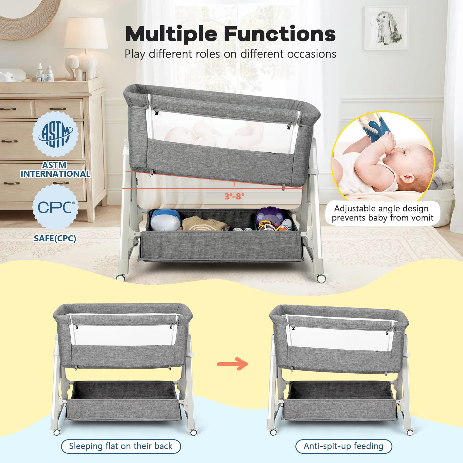 Cowiewie Bassinet Bedside Sleeper with side zipper for quick nighttime nursing.