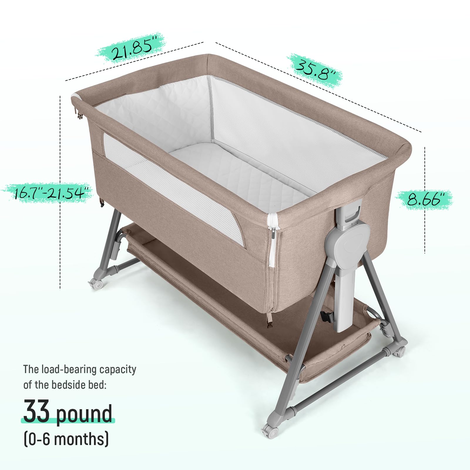 Cowiewie bedside sleeper shows silent wheels for easy bed-side repositioning.