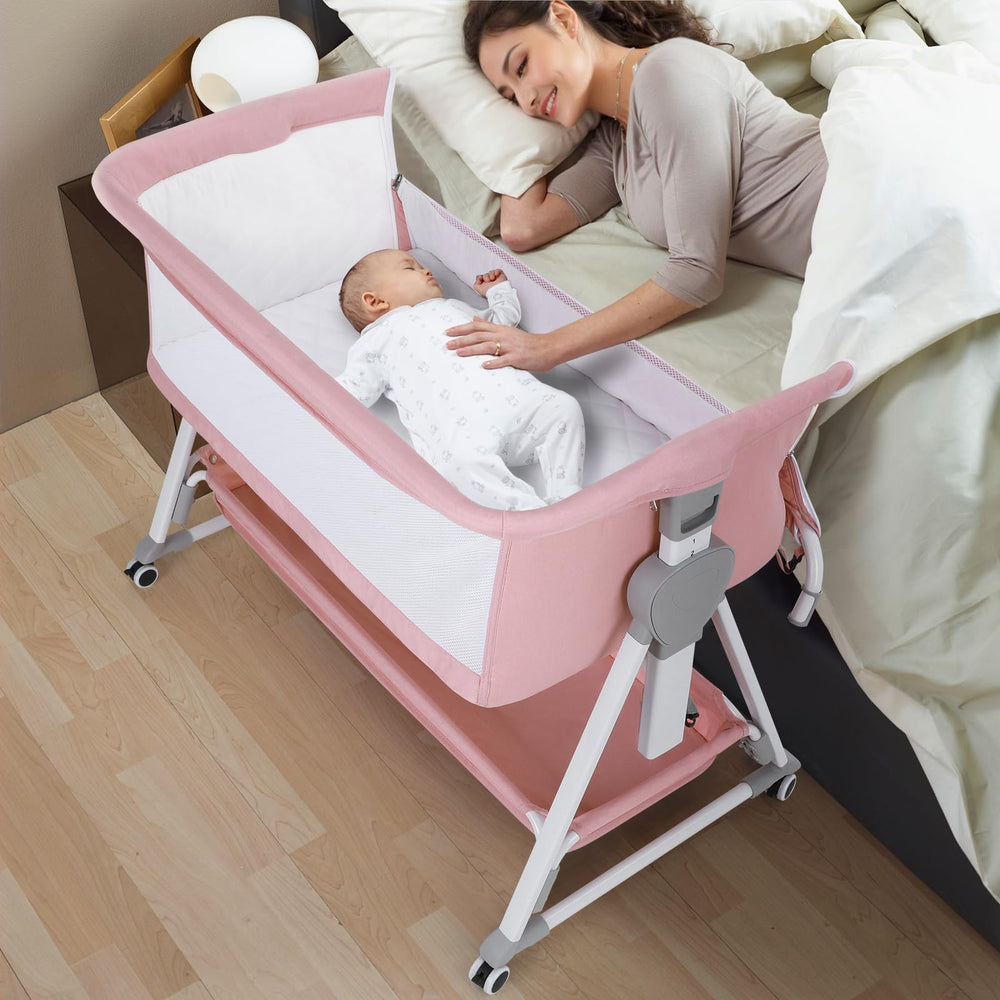 Cowiewie bassinet bedside sleeper with stable pyramid base for secure sleep