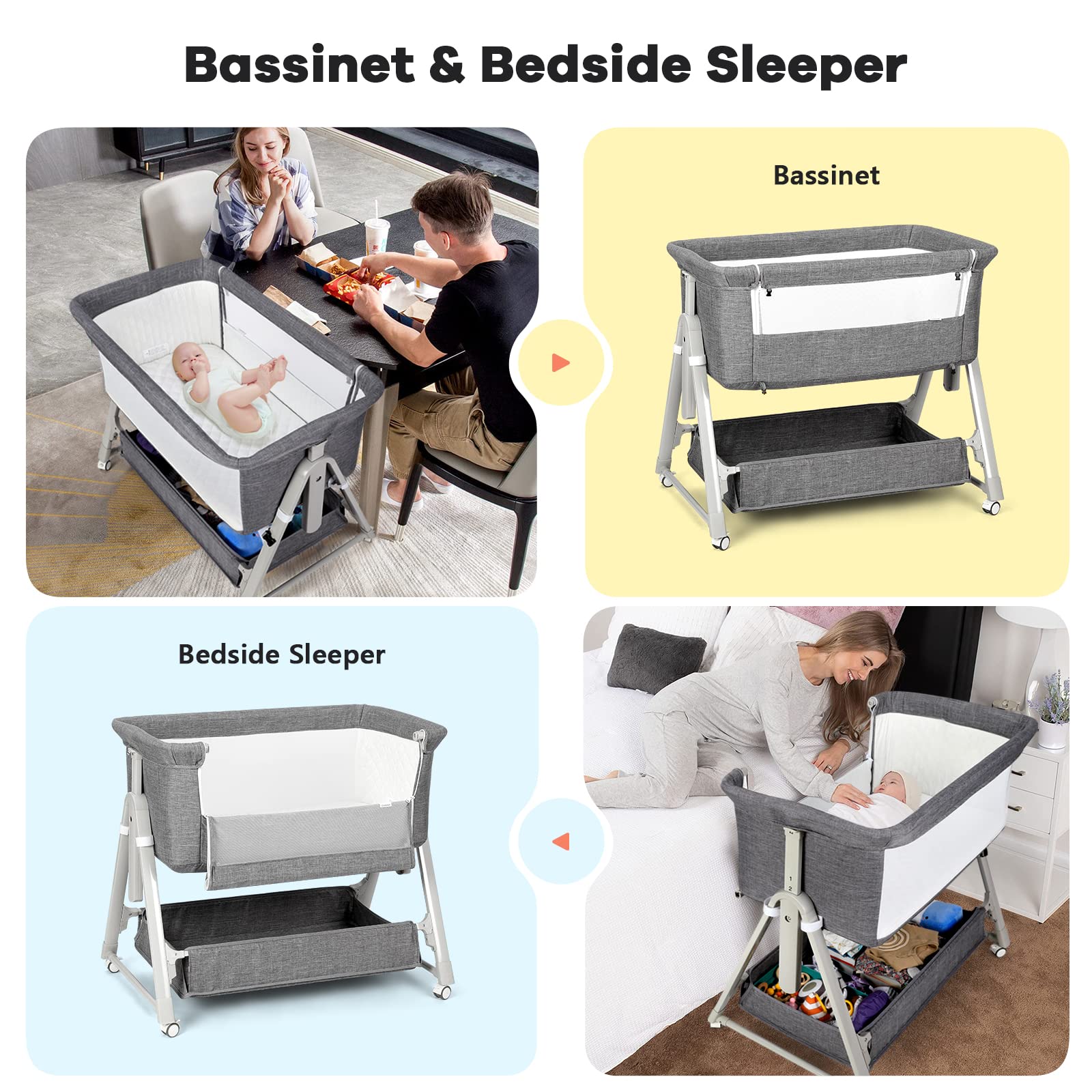 Cowiewie Bassinet Bedside Sleeper with travel bag for easy trips to grandparents’ home.