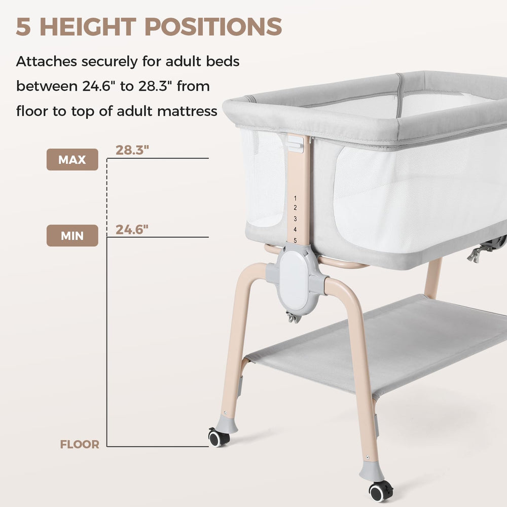 Cowiewie bassinet bedside sleeper with lockable wheels for easy mobility between rooms.