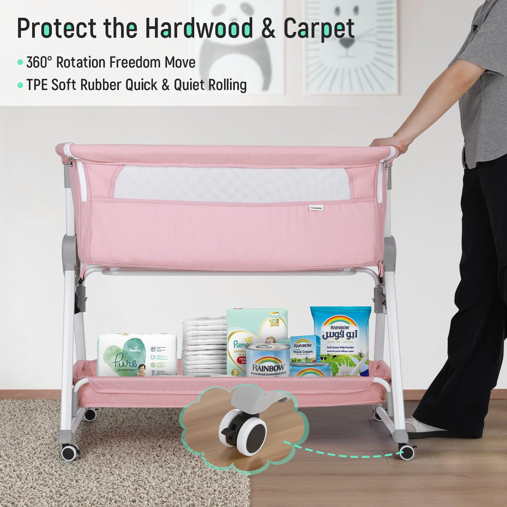 Cowiewie bedside bassinet includes XL storage for diapers and wipes