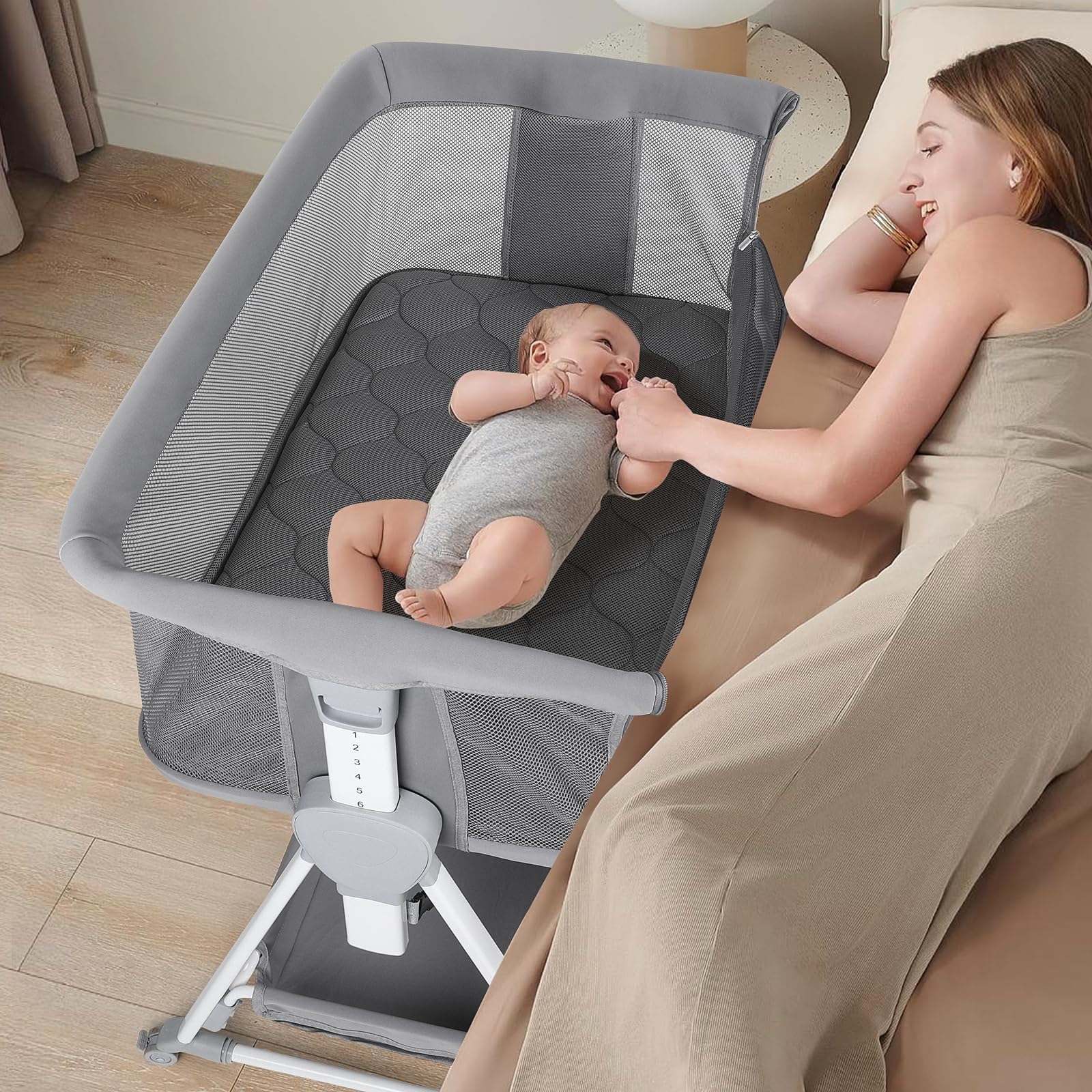 Cowiewie bassinet bedside sleeper with secure close-to-bed setup for night feedings.