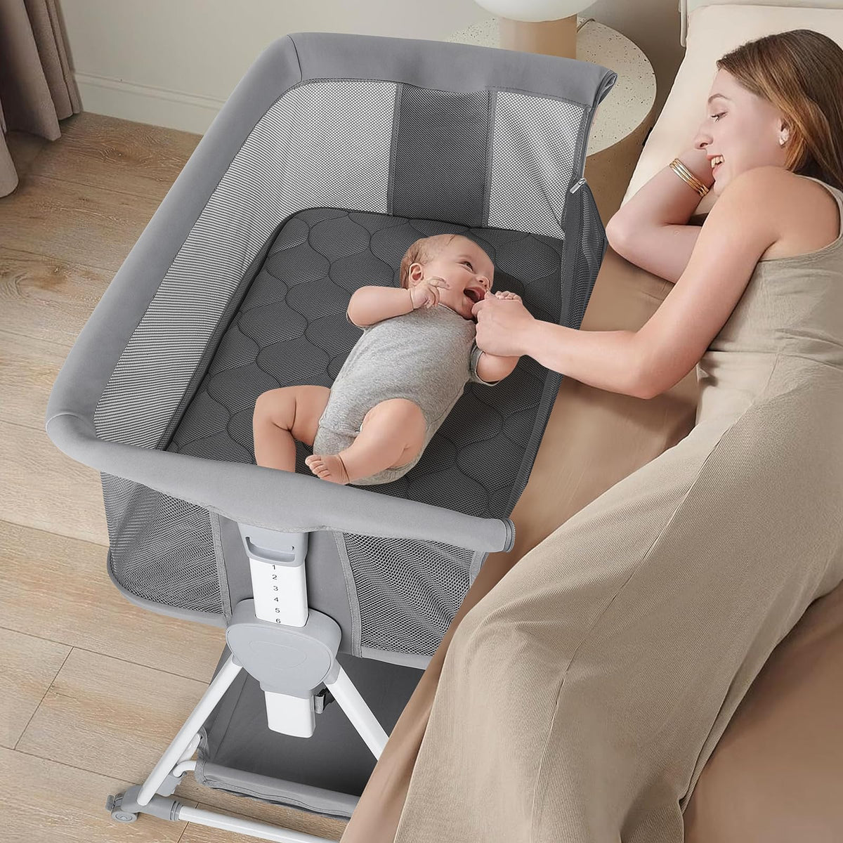 Cowiewie bassinet bedside sleeper with secure close-to-bed setup for night feedings.