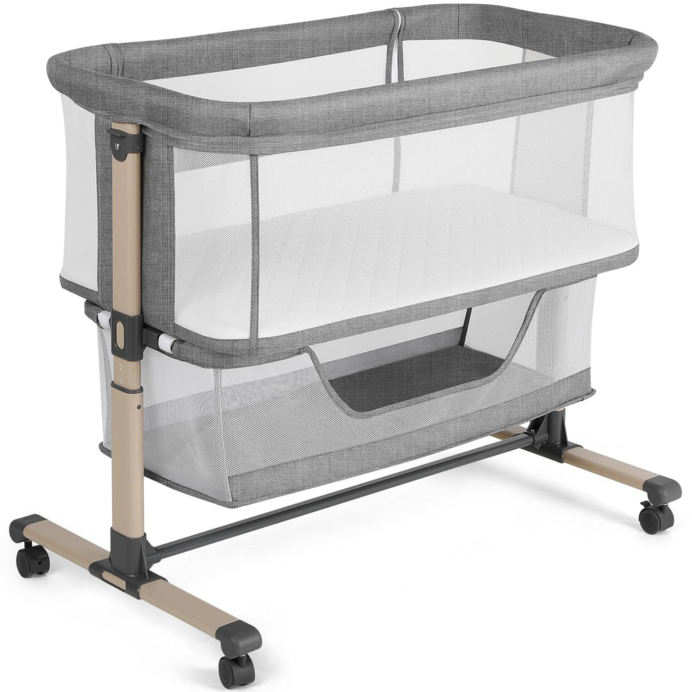 Cowiewie bassinet bedside sleeper shows side-by-side setup for peaceful night feeds