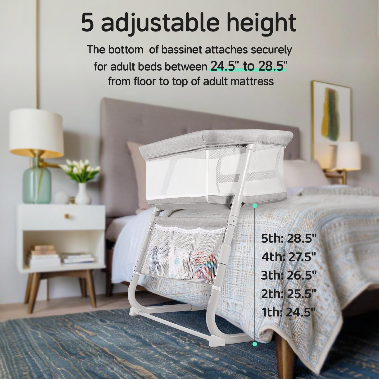 Cowiewie Bassinet's 5-height base fits most beds.