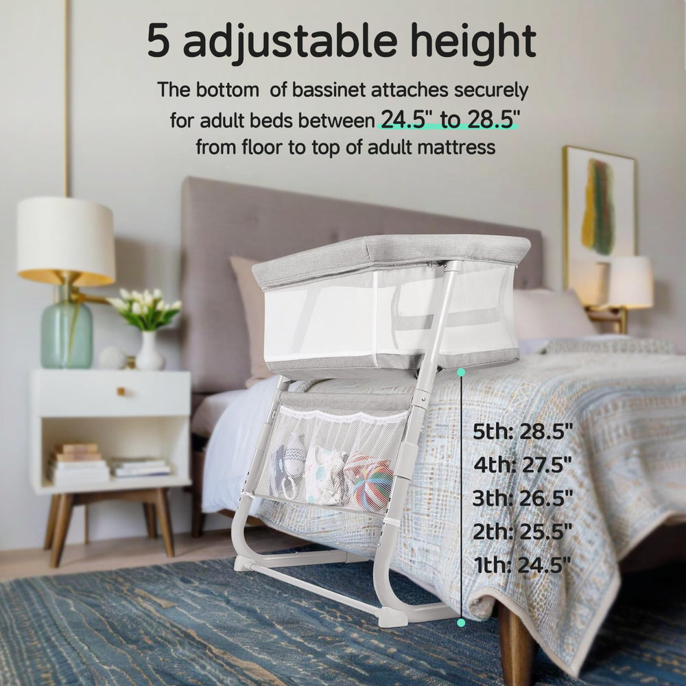 Cowiewie Bassinet's 5-height base fits most beds.