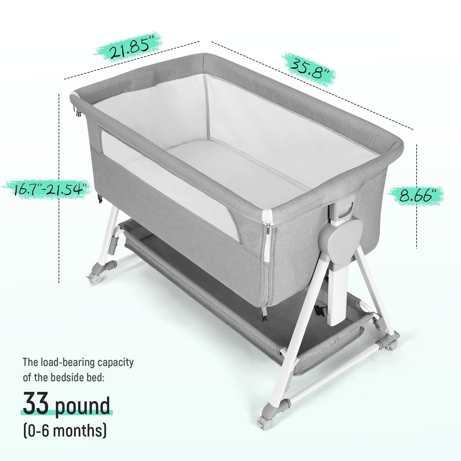 Cowiewie bassinet featuring a near bed gap-free design for close monitoring.