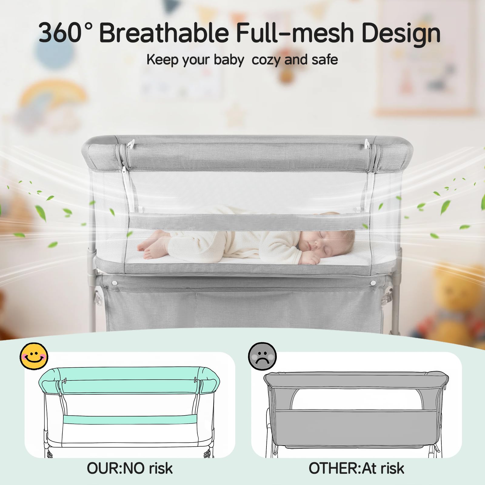 Cowiewie Bassinet features glide-under L-shaped legs for space saving.
