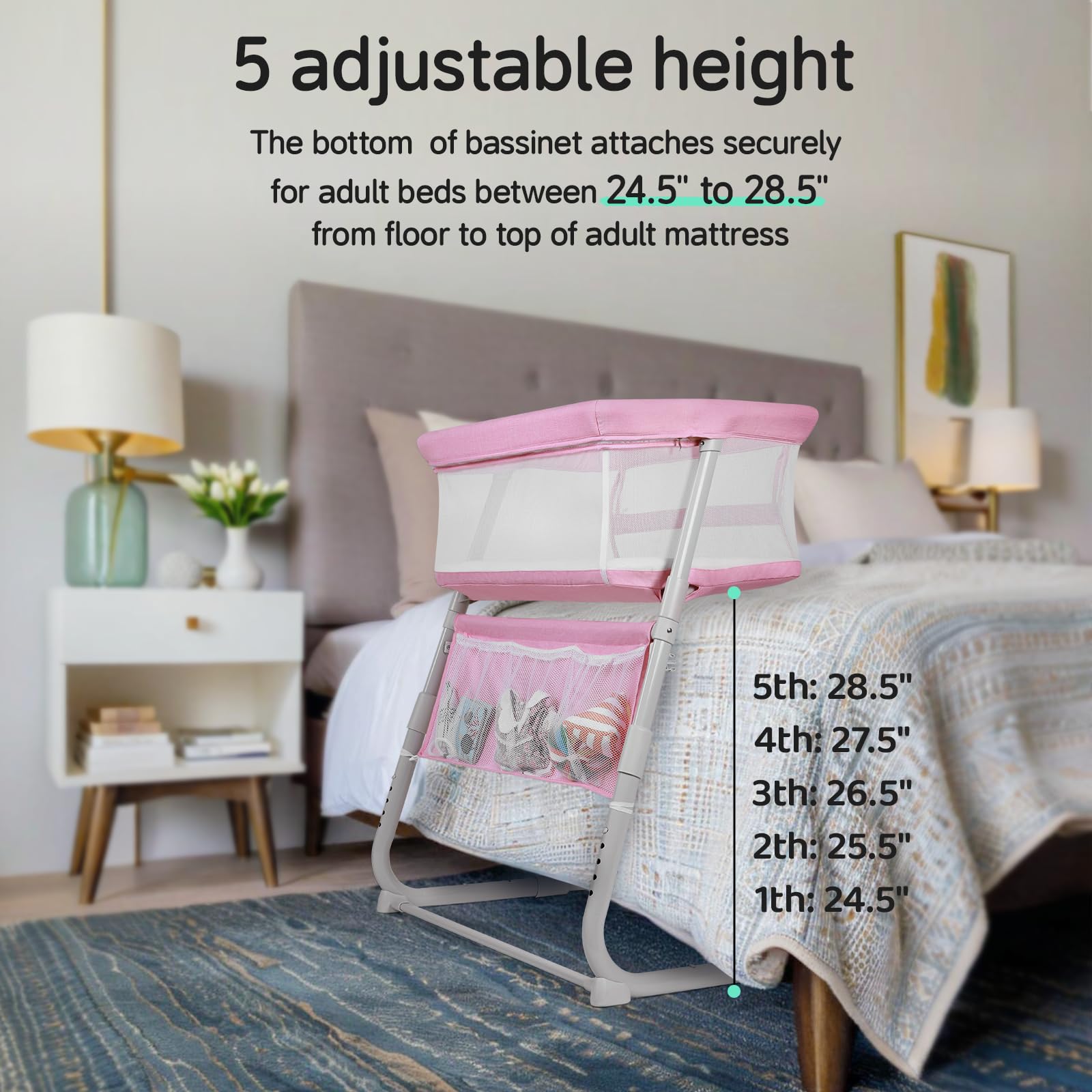 Cowiewie Bassinet with glide-under-legs saves space beside your bed.