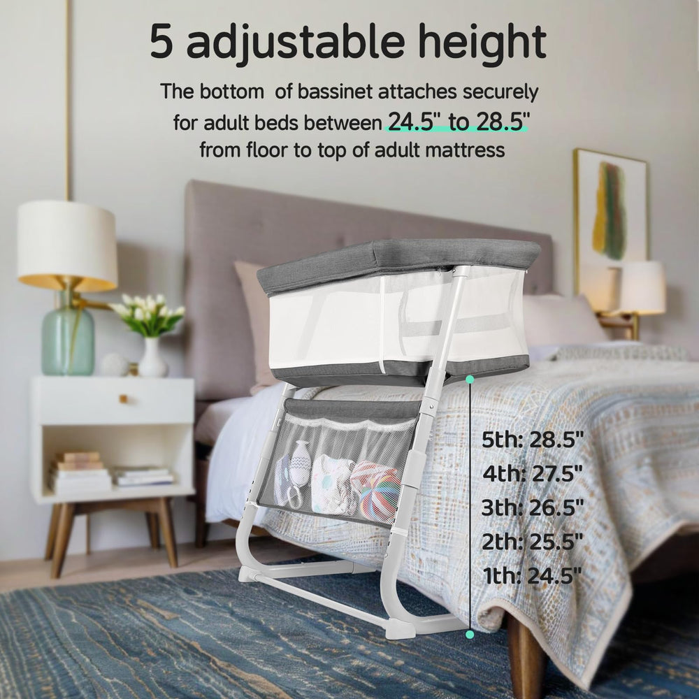 Cowiewie bassinet with glide-under legs for space-saving bedside placement.