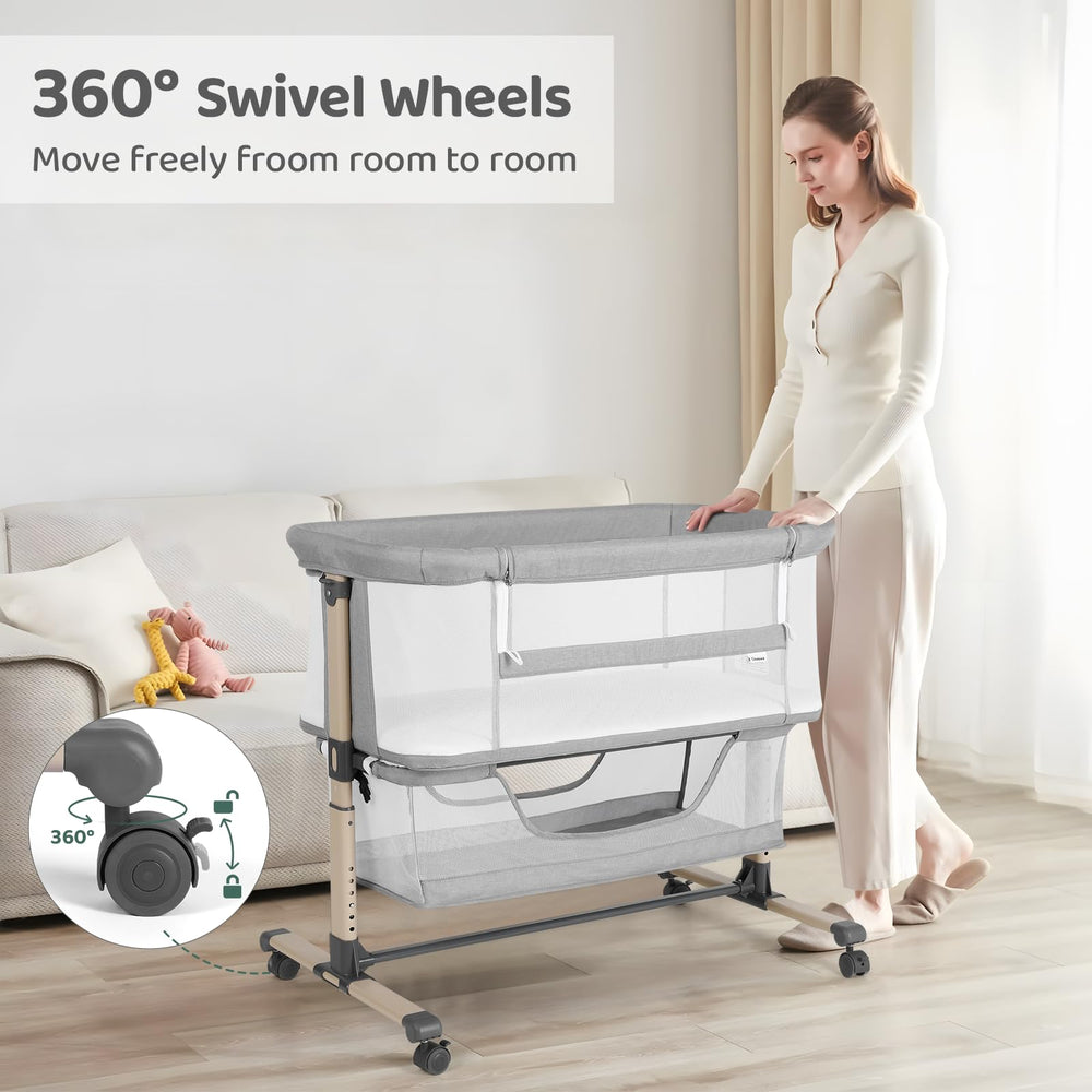 Six-height adjustment on Cowiewie bassinet aligns with your bed.