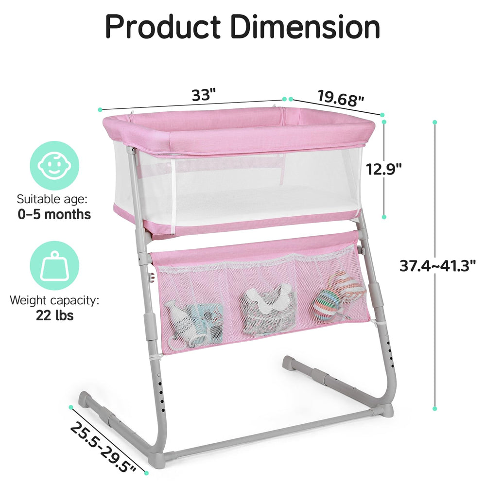 Cowiewie Bassinet height-adjustment showing five positions for bedside height.