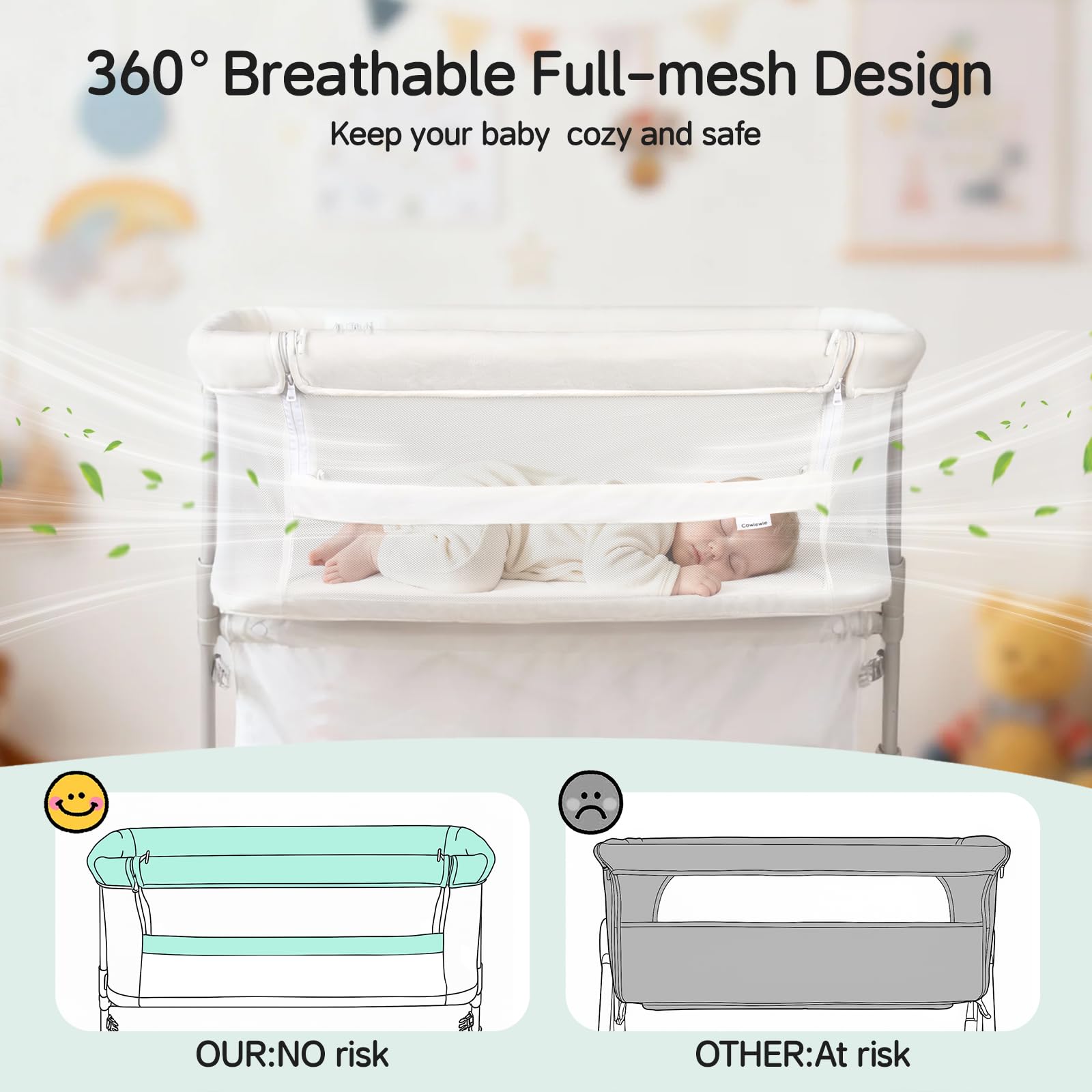 Cowiewie five-position height adjustable bassinet aligns with most beds