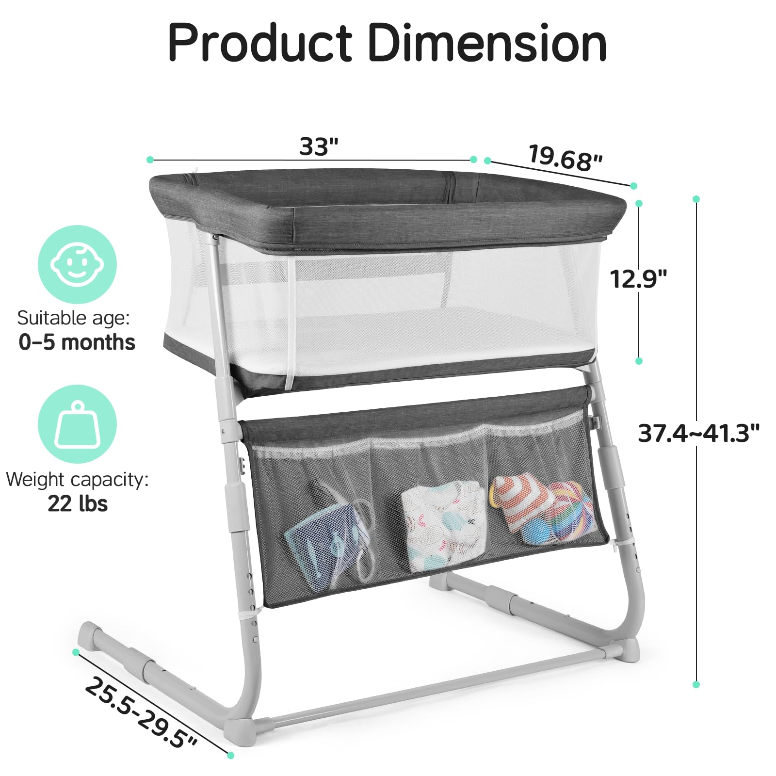 Cowiewie bassinet showcasing five-height adjustability for precise bedside alignment.