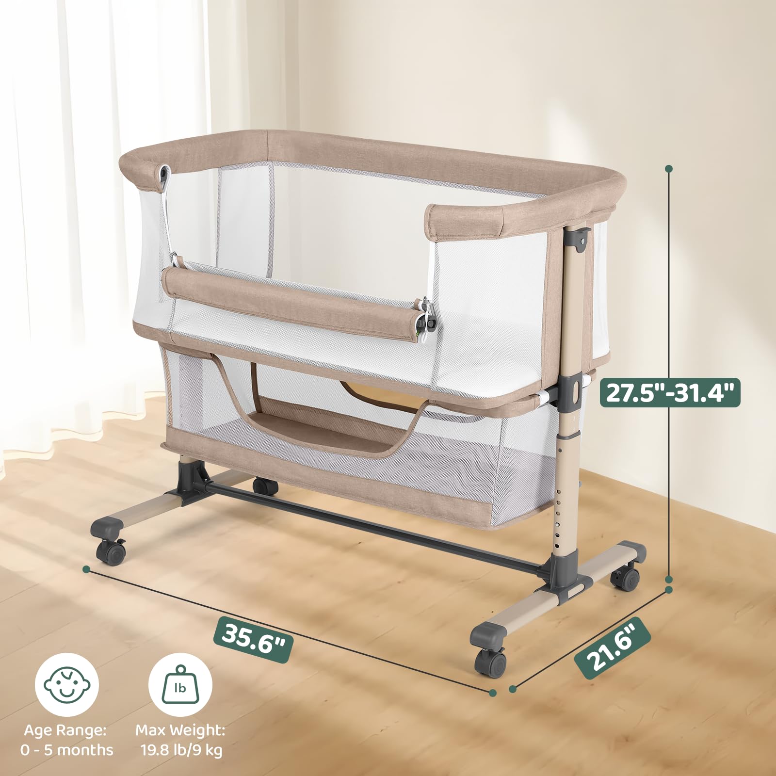 Cowiewie bassinet height adjustment with six levels for bed alignment.