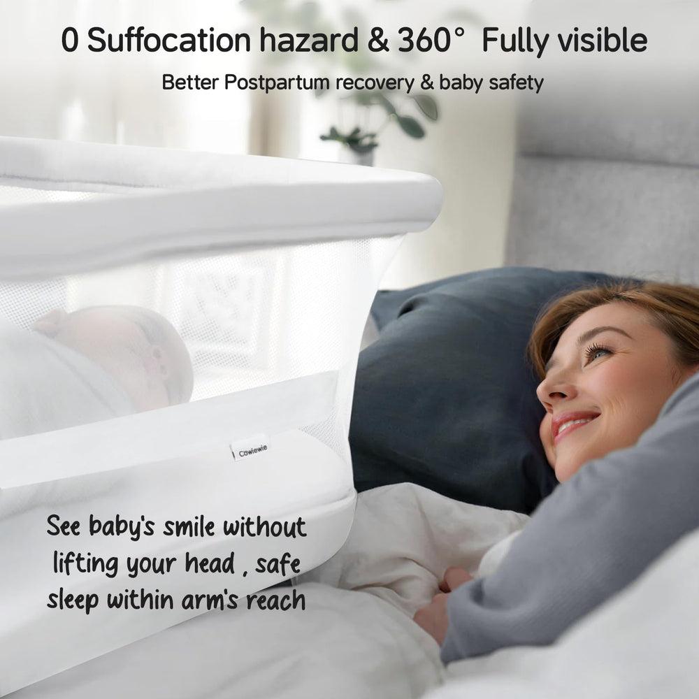 Cowiewie bedside crib with L-shaped legs for stability and space savings