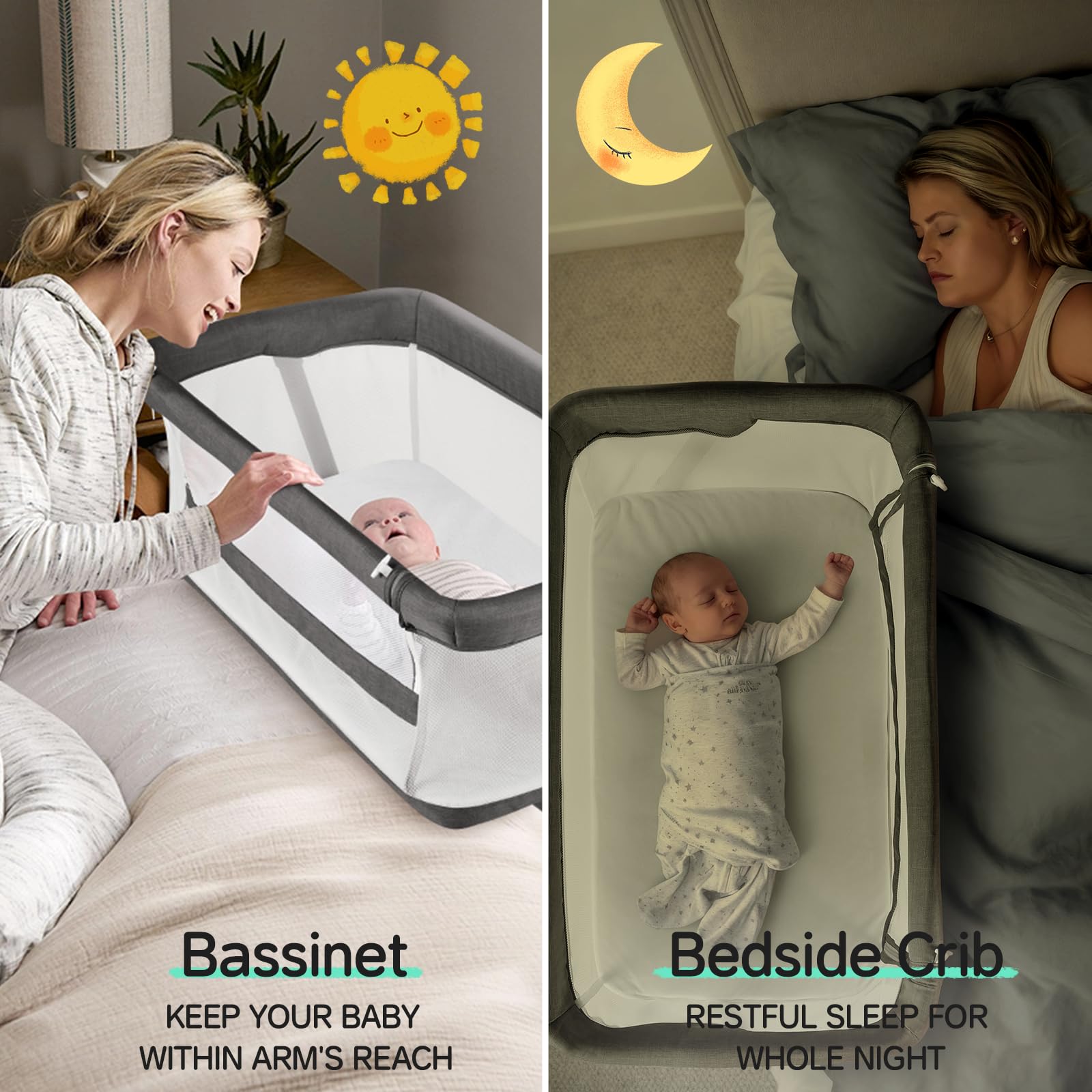 Cowiewie bassinet ideal for nighttime checks and feeding.