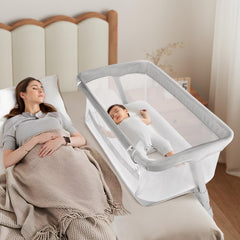 Cowiewie Bassinet beside-bed with over-mattress design supports safe co-sleeping.