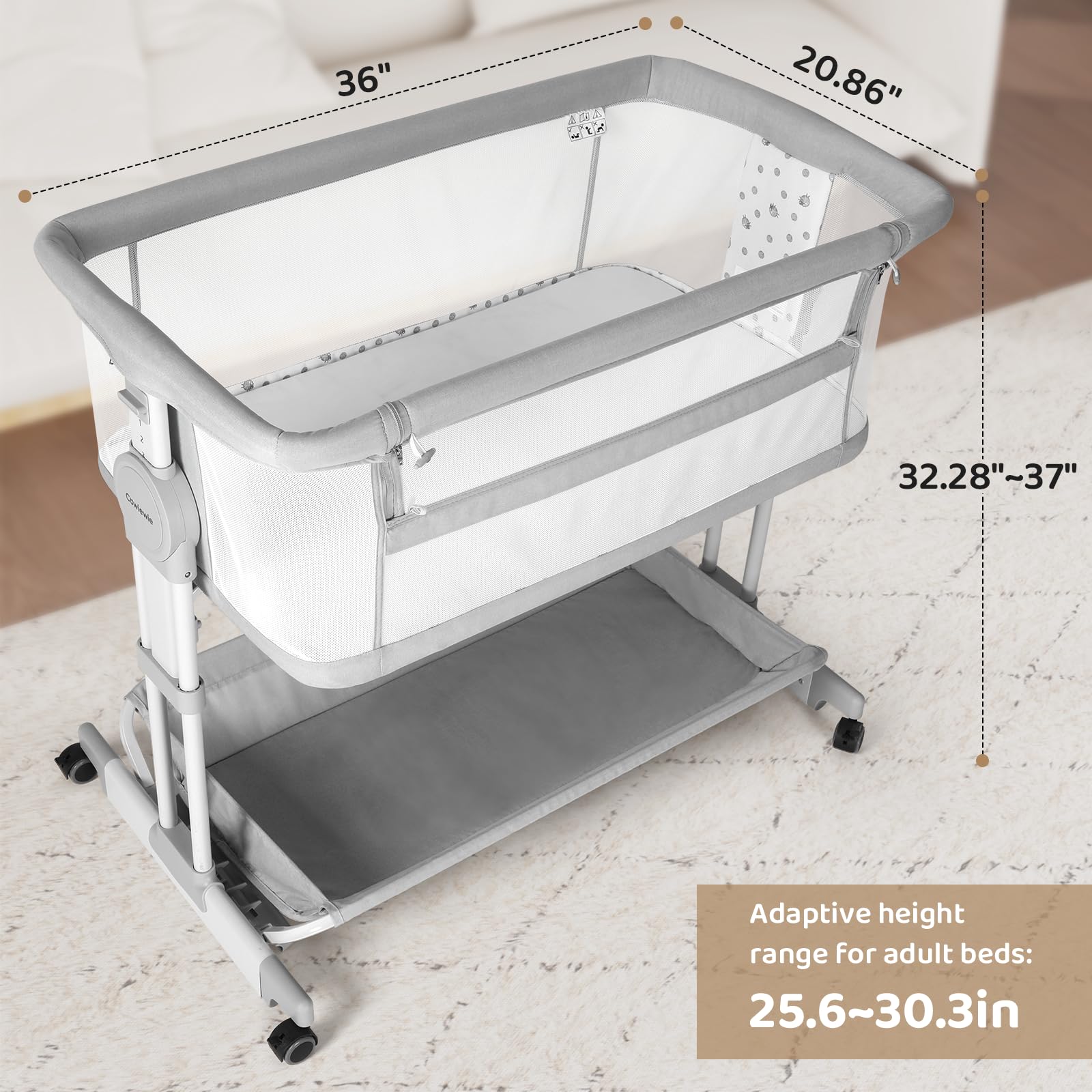 Cowiewie Bassinet rocking motion soothes fussier sleepers with gentle womb-like motion.