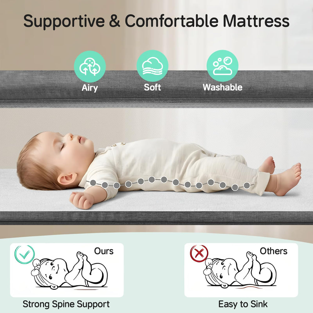 Cowiewie bassinet securely attached to bed with straps for safety.