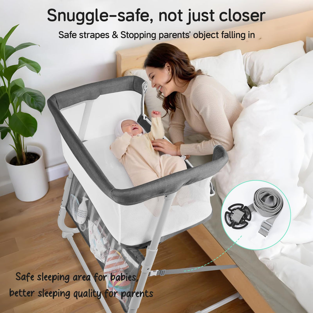 Cowiewie bassinet side pockets keep essentials within reach.