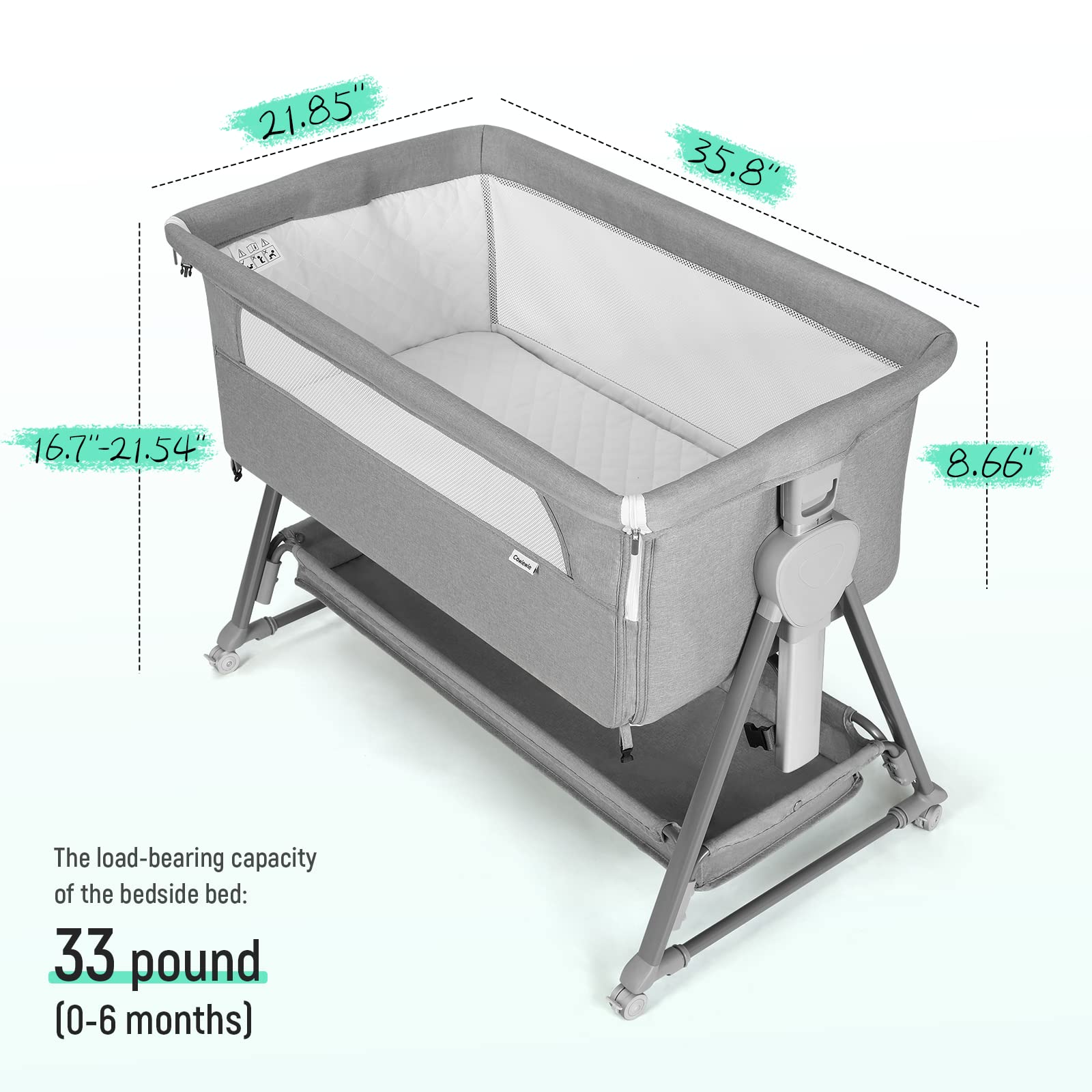 Cowiewie bassinet with an XL storage basket for diapers and essentials.