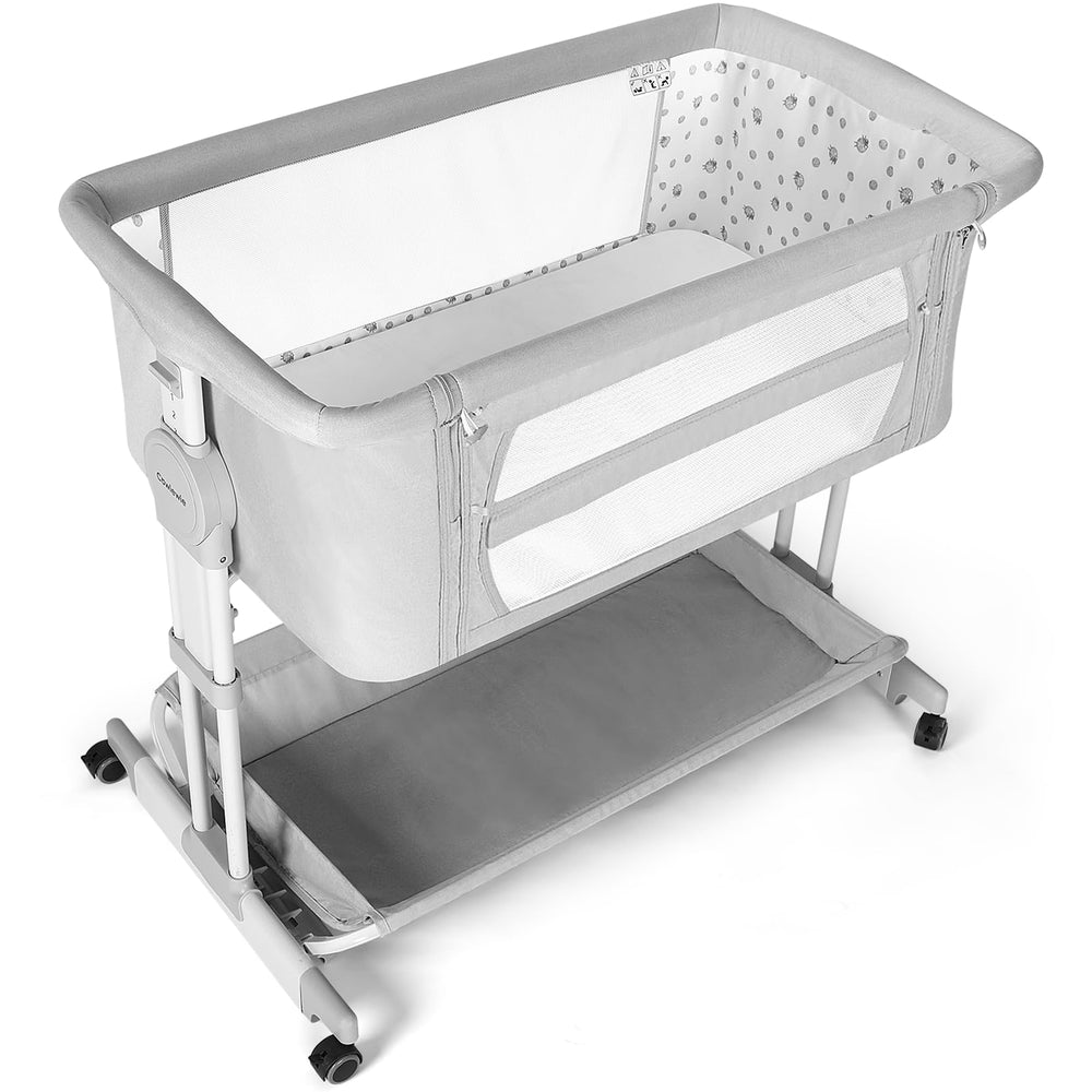 Cowiewie Bassinet storage basket keeps baby essentials within reach.