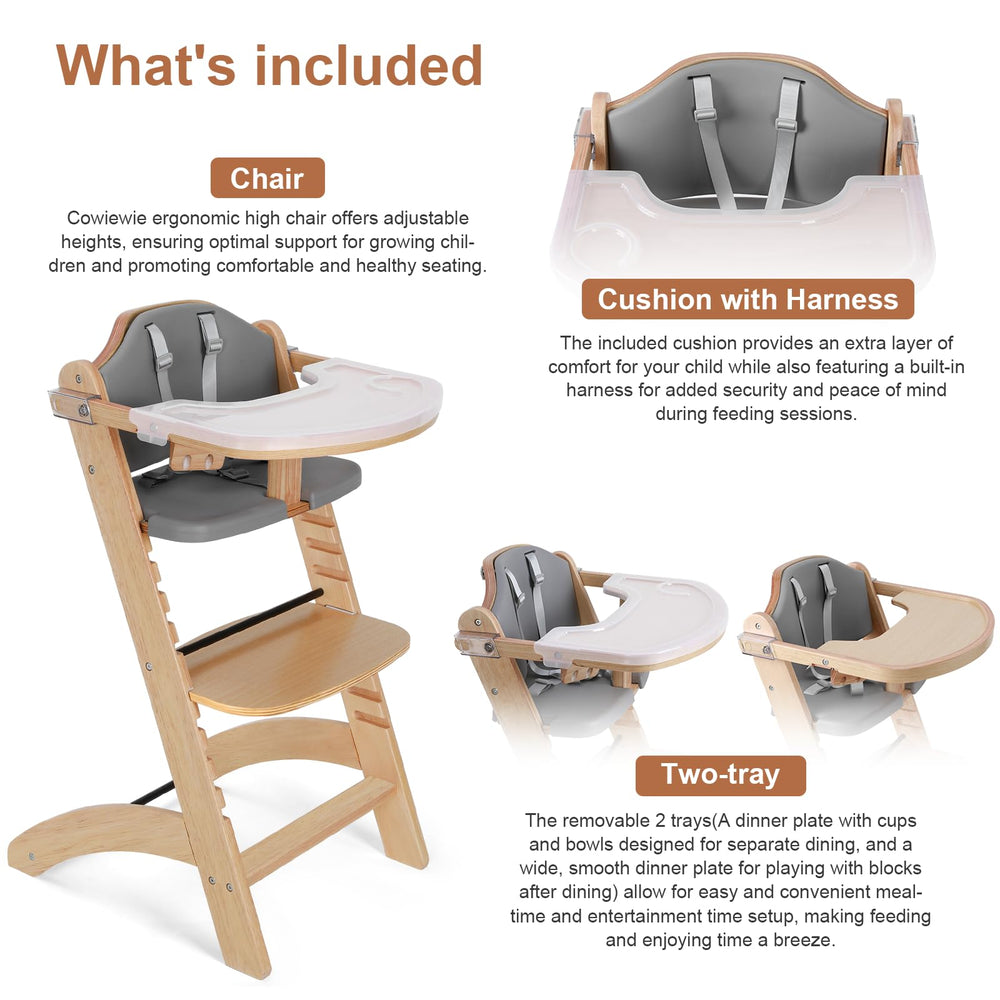 Cowiewie high chair with 10-position height adjustment for growing children.