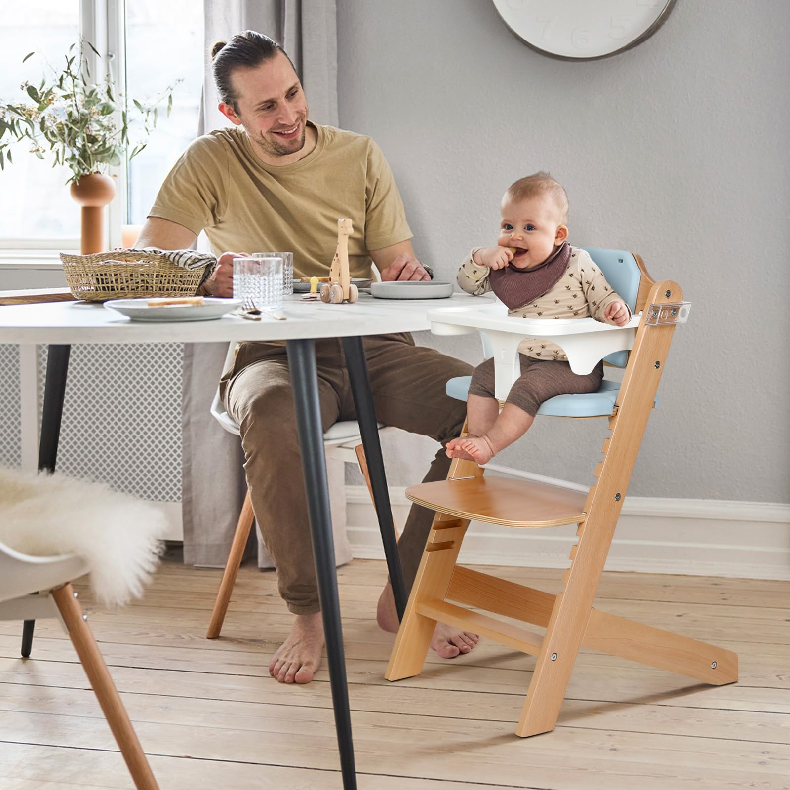 Cowiewie high chair blue cushioned seat adds soft comfort during feeding