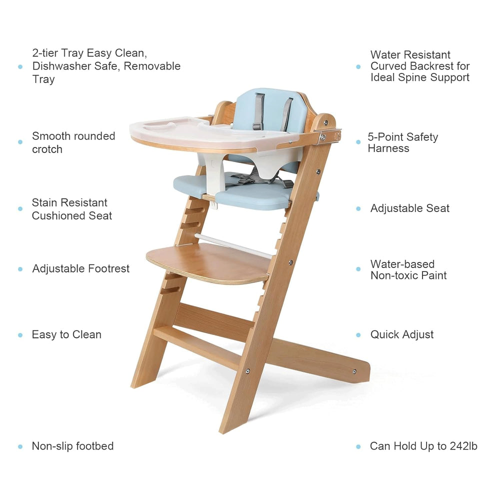Cowiewie high chair blue harness demonstrates secure seating for infants