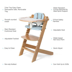 Cowiewie high chair blue harness demonstrates secure seating for infants