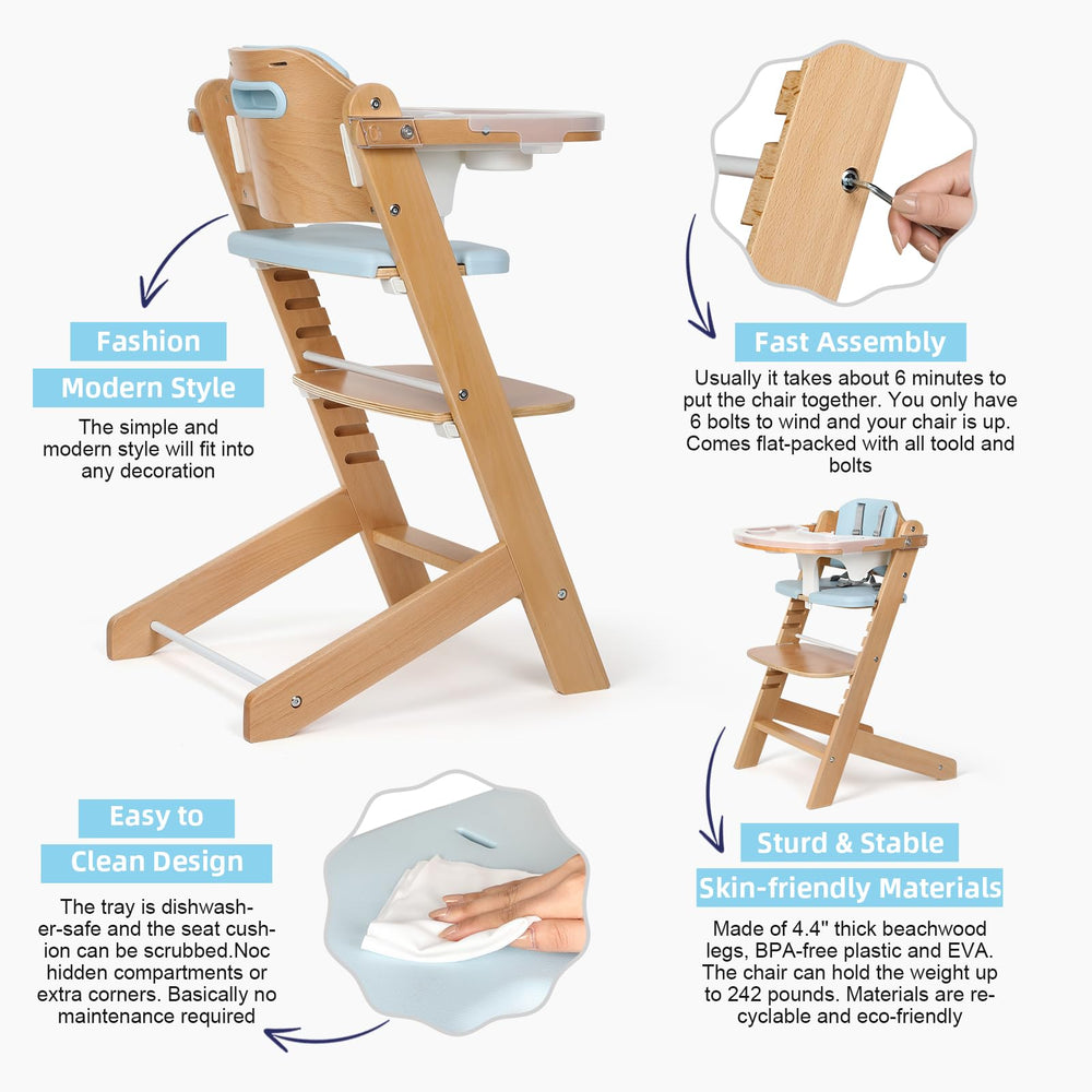 Cowiewie high chair blue height adjustment enables quick growth-friendly positioning