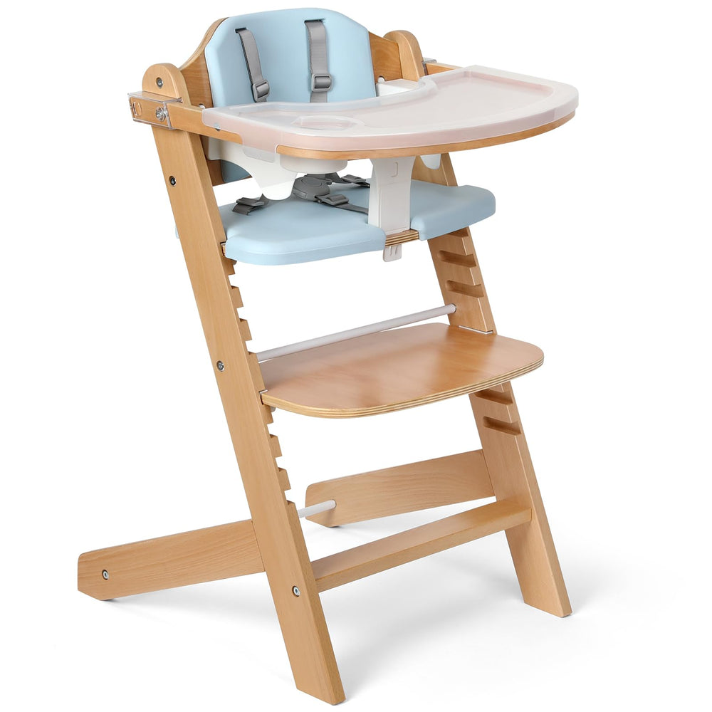 Cowiewie high chair blue overview shows durable wood and calm styling for mealtimes