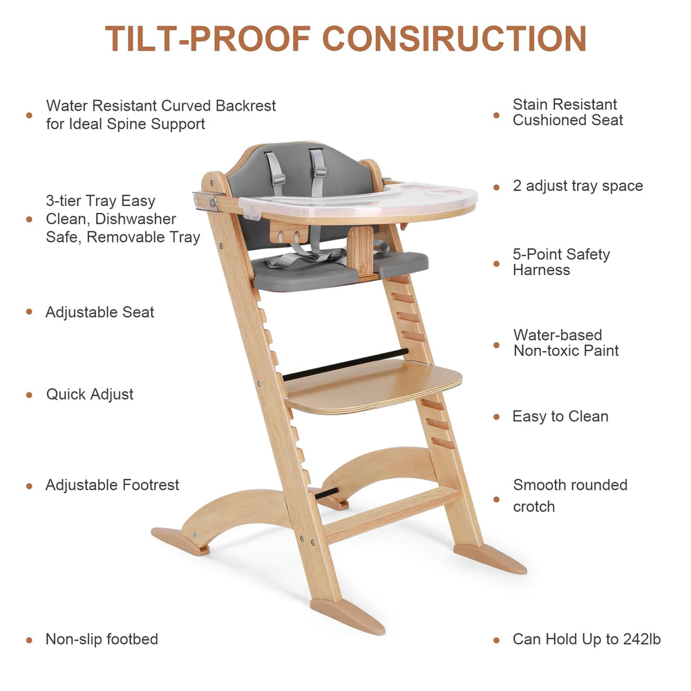 Cowiewie high chair showing EZ Strap harness in 5-point/3-point configuration for safety.