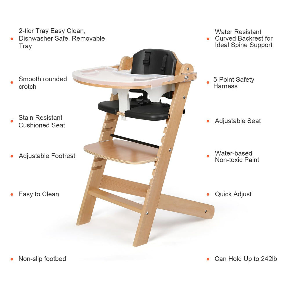 Cowiewie high chair side view with adjustable tray demonstrates growing baby dining flexibility