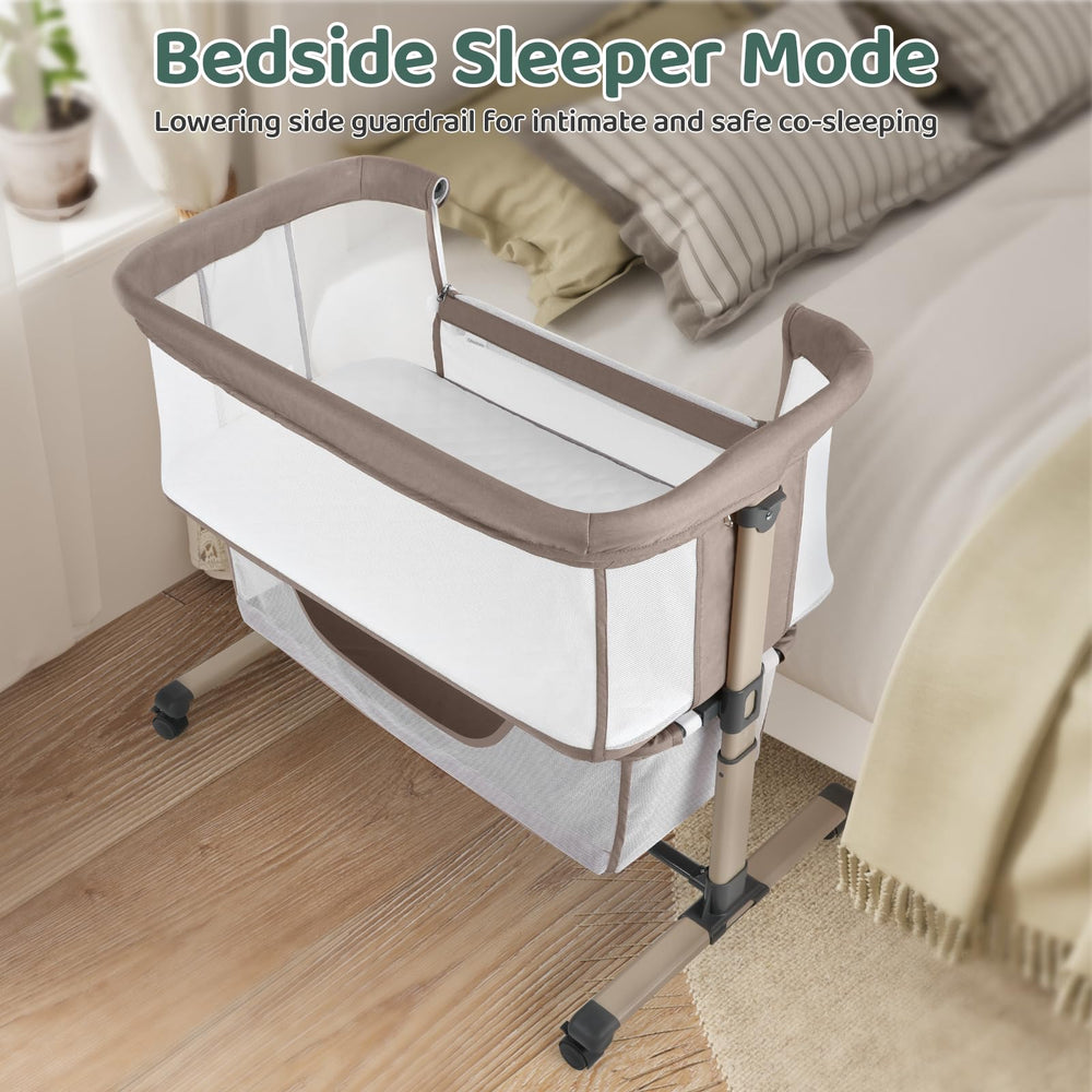 Cowiewie khaki bassinet blends with any decor while providing a compact sleep space.