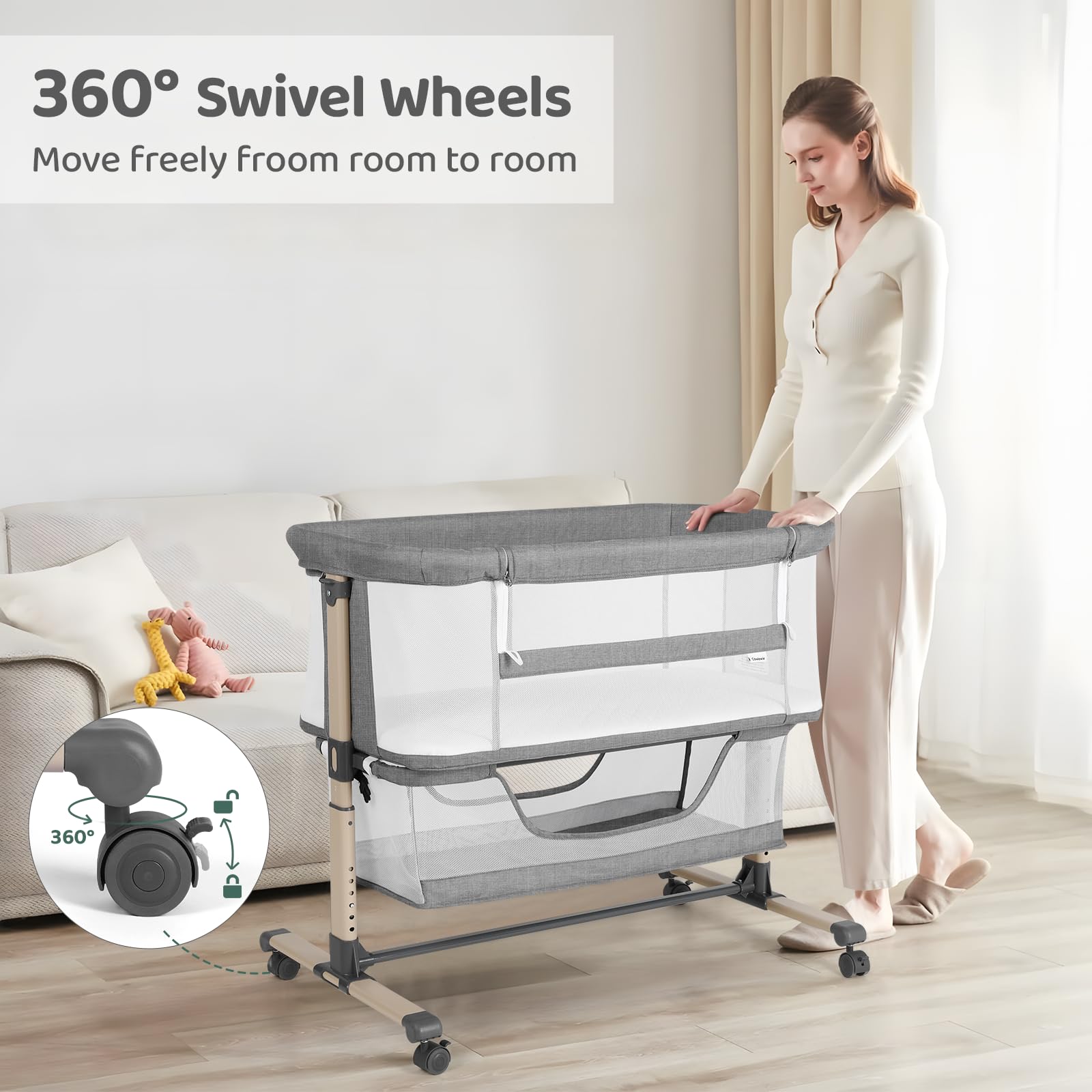 Cowiewie bassinet features four lockable wheels for safe room-to-room mobility