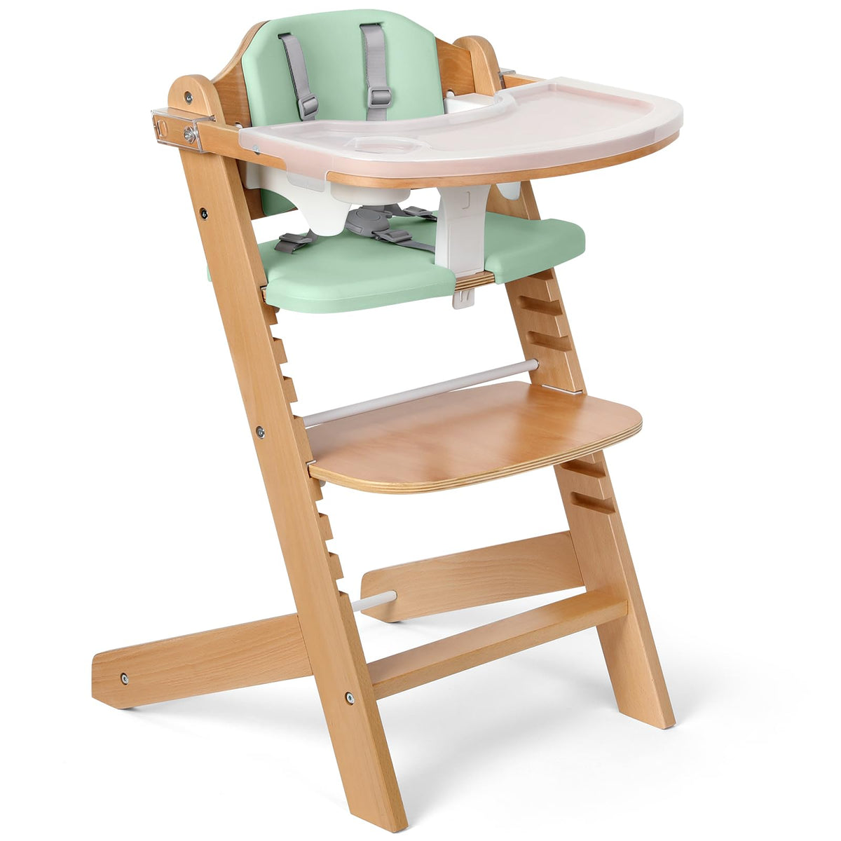 Cowiewie natural wooden high chair frame showcases durable build for growing infants.