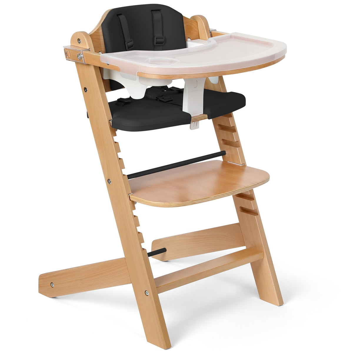 Cowiewie natural wooden high chair front view illustrating stable design for safe feeding